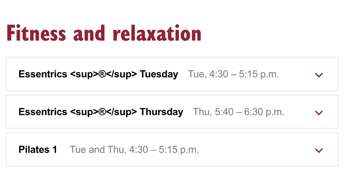 The same accordion with HTML tags displayed as text in the Essentrics headings. Pilates 1 remains unchanged.